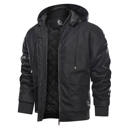 Hooded Faux Leather Jacket with Removable Hood – Waterproof Motorcycle Jacket for Men
