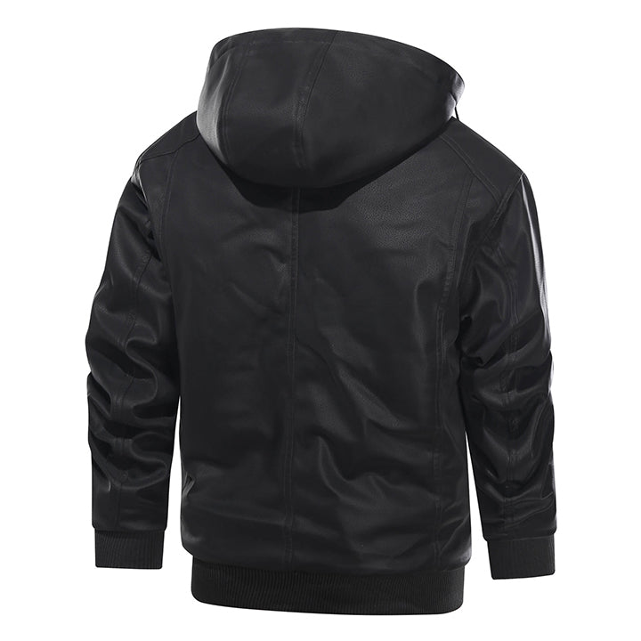 Hooded Faux Leather Jacket with Removable Hood – Waterproof Motorcycle Jacket for Men