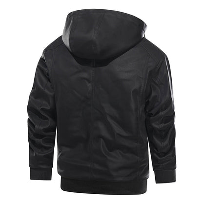 Hooded Faux Leather Jacket with Removable Hood – Waterproof Motorcycle Jacket for Men