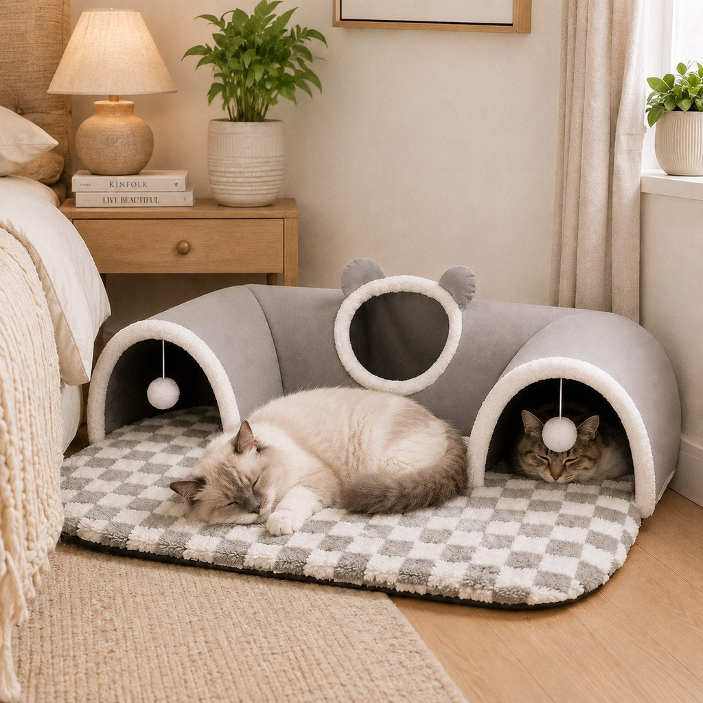 Ortekor 3-in-1 Multi-Cat Tunnel Bed & Play Mat for Indoor Cats - Spacious Cozy Hideaway for Shared Rest, Play & Less Bed Competition