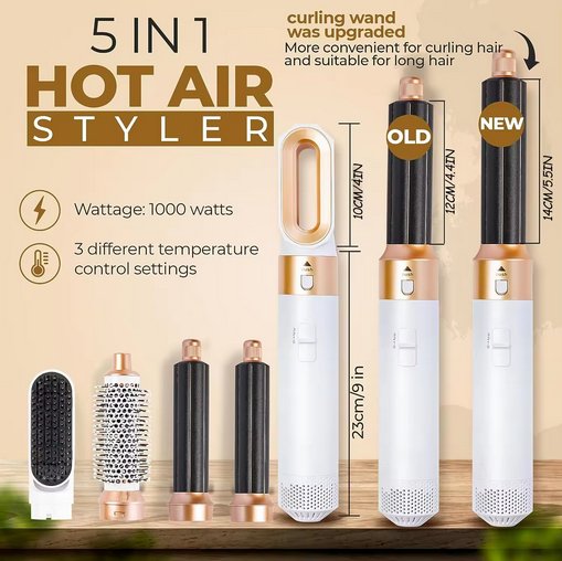 5-in-1 Blow Dryer Brush 1000W Hot Air Styling Tool with Interchangeable Attachments for Curling Volumizing Straightening Women's Hair Dryer
