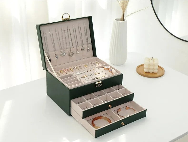 Stackable Jewelry Organizer Box Black 9×7×5 Inch Multi-Compartment Ring Necklace Earring Holder for Dresser Bedroom Vanity Tabletop Storage