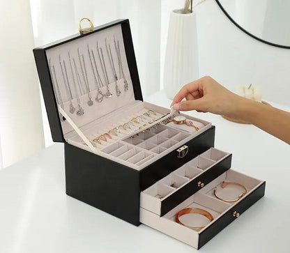 Stackable Jewelry Organizer Box Black 9×7×5 Inch Multi-Compartment Ring Necklace Earring Holder for Dresser Bedroom Vanity Tabletop Storage