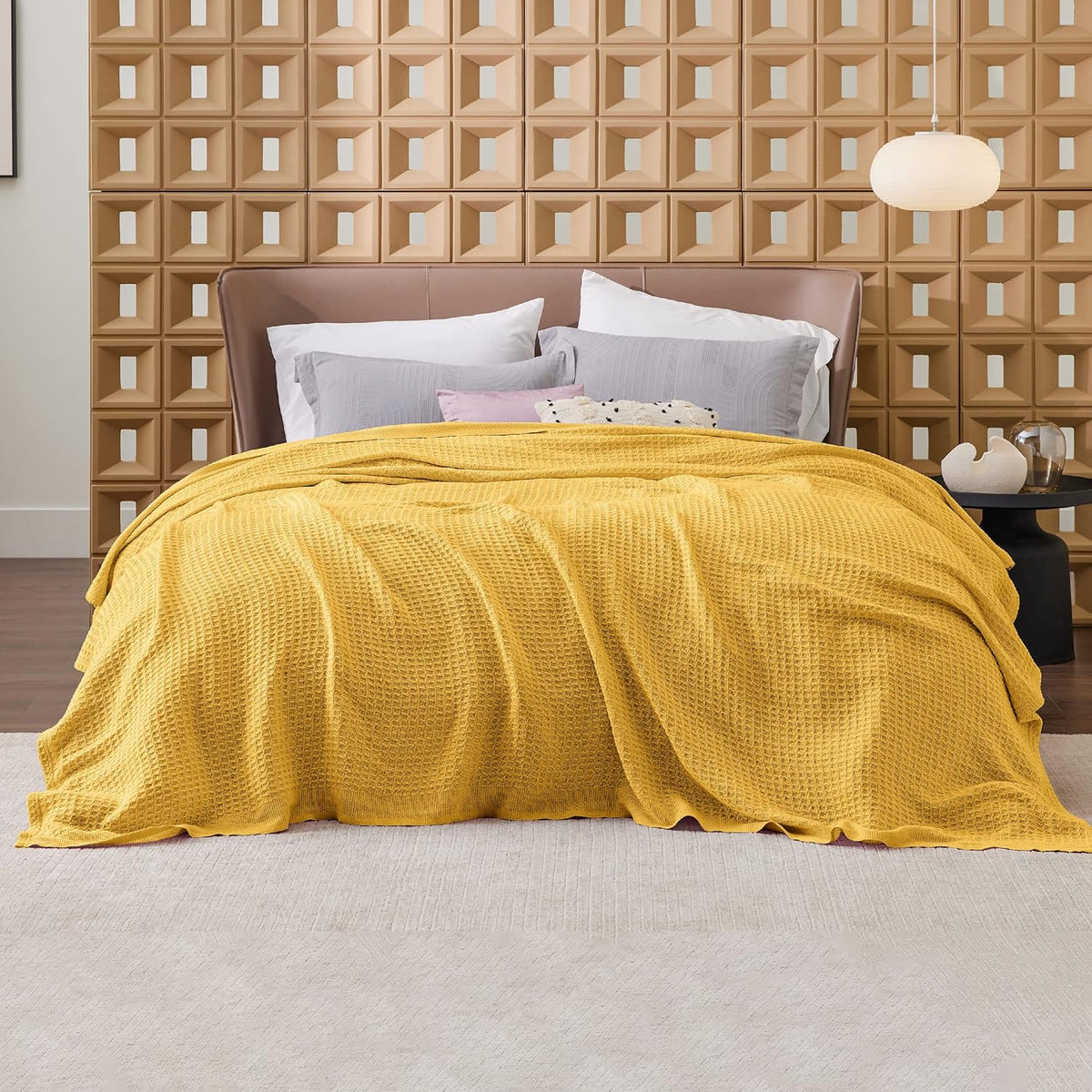 100% Cotton Waffle Weave Throw Blanket Queen King Breathable Lightweight Bed Cover for All Seasons Couch Sofa Bedroom Layering Textured