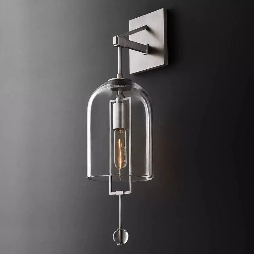 Modern Glass Globe Wall Light with Geometric Frame – Vintage Brass, Bronze & Satin Nickel – 23 or 29 Inch Height – Sculptural Sconce for