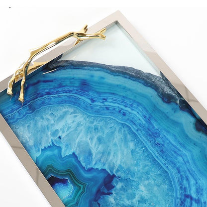 Glass Decorative Tray with Agate Design – 16-Inch Round & Rectangular Platter for Dining Room, Coffee Table, Vanity Display