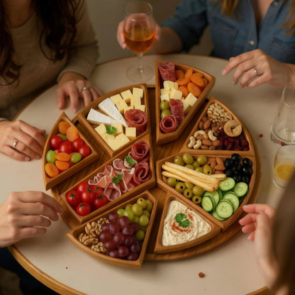 Divided Wooden Serving Tray 10-Inch Round 8-Section Appetizer Platter for Cheese Charcuterie Snacks Party Food Display Tapas Board with Remo