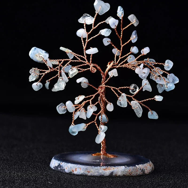 Handcrafted Gemstone Wire Sculpture with Natural Blue-Green Mineral Chips on Stone Base for Desk, Shelf, Meditation Space