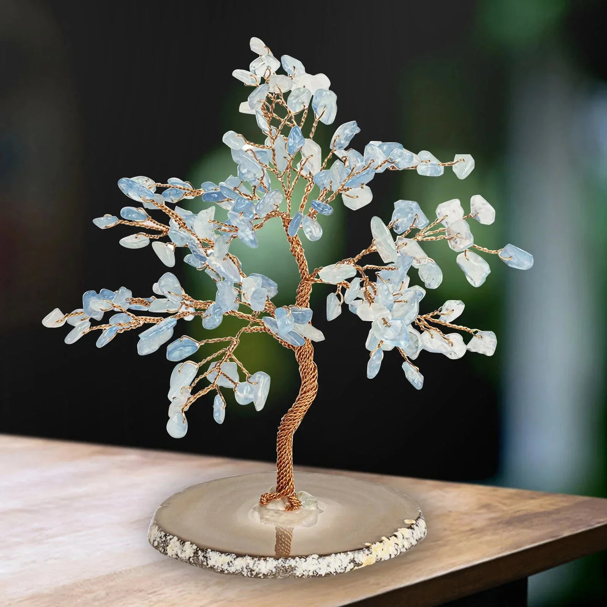 Handcrafted Gemstone Wire Sculpture with Natural Blue-Green Mineral Chips on Stone Base for Desk, Shelf, Meditation Space