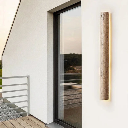 Travertine Stone LED Sconce Light 14 in Taupe Minimalist Fixture Bathroom Bedroom Hallway Vertical Indoor Japandi Corridor Ambient Lighting