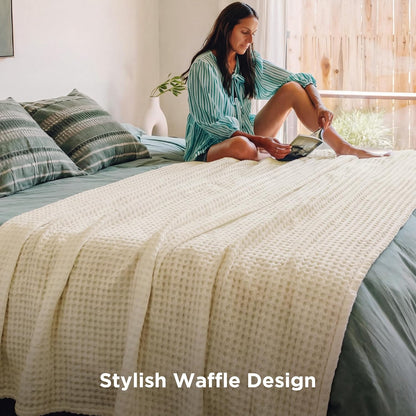 Cotton Throw Blanket Cooling, Bamboo Cooling Blanket for Hot Sleepers, Lightweight Queen Size Blanket for Summer