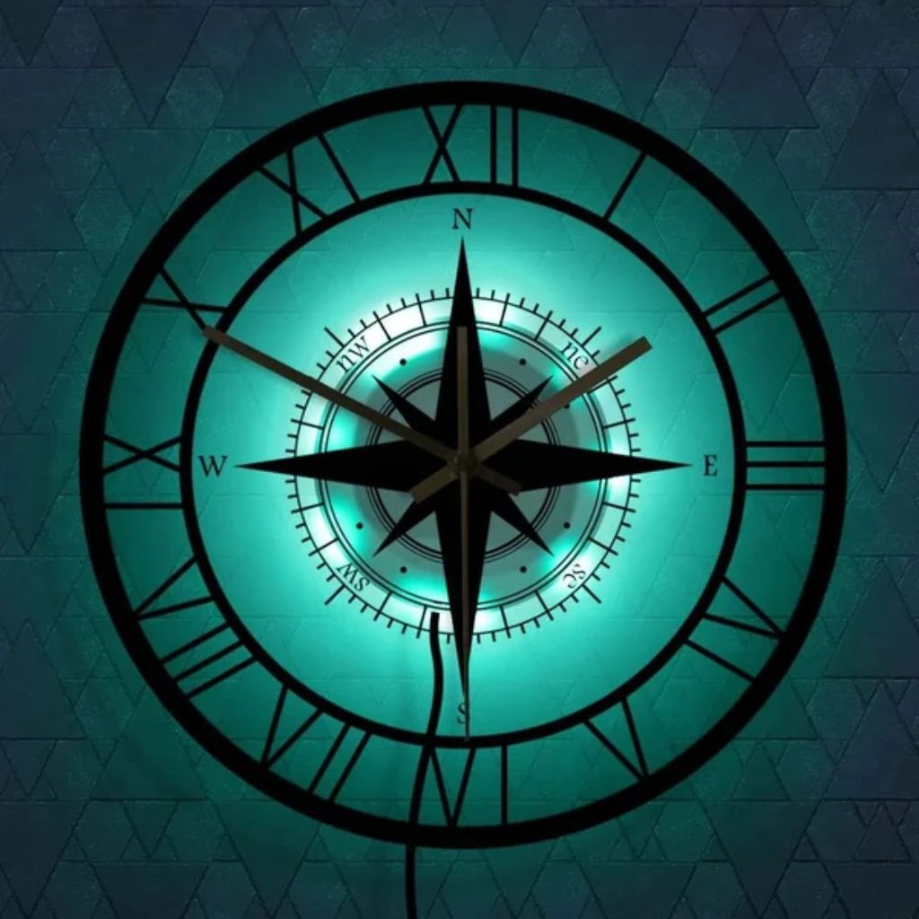 Silent Wall Clock with Wind Rose Design for Home – 12 Inch Round Modern Timepiece – Coastal Decor for Living Room, Kitchen, Study
