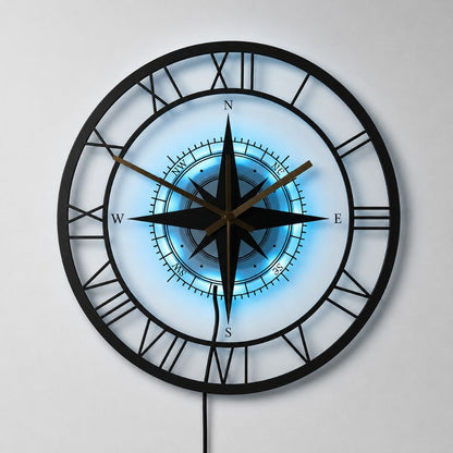 Silent Wall Clock with Wind Rose Design for Home – 12 Inch Round Modern Timepiece – Coastal Decor for Living Room, Kitchen, Study