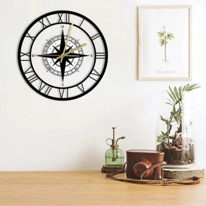 Silent Wall Clock with Wind Rose Design for Home – 12 Inch Round Modern Timepiece – Coastal Decor for Living Room, Kitchen, Study