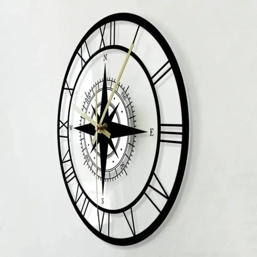 Silent Wall Clock with Wind Rose Design for Home – 12 Inch Round Modern Timepiece – Coastal Decor for Living Room, Kitchen, Study