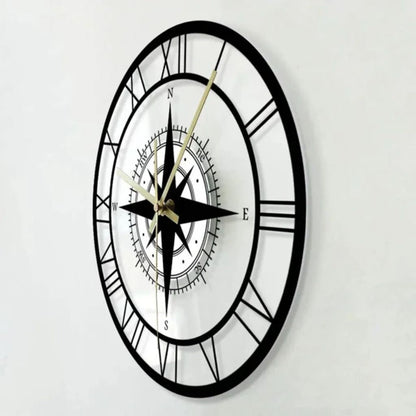 Silent Wall Clock with Wind Rose Design for Home – 12 Inch Round Modern Timepiece – Coastal Decor for Living Room, Kitchen, Study