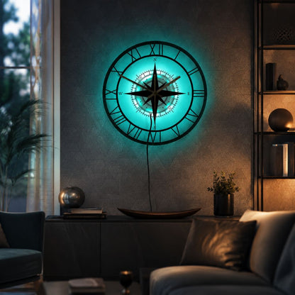 Silent Wall Clock with Wind Rose Design for Home – 12 Inch Round Modern Timepiece – Coastal Decor for Living Room, Kitchen, Study