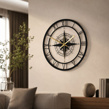 Silent Wall Clock with Wind Rose Design for Home – 12 Inch Round Modern Timepiece – Coastal Decor for Living Room, Kitchen, Study