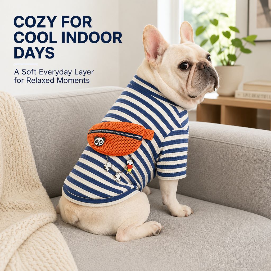 Ortekor French Bulldog Striped Pocket Pullover for Cool Indoor Spaces & Easy Walks - Broad-Chest Sizing