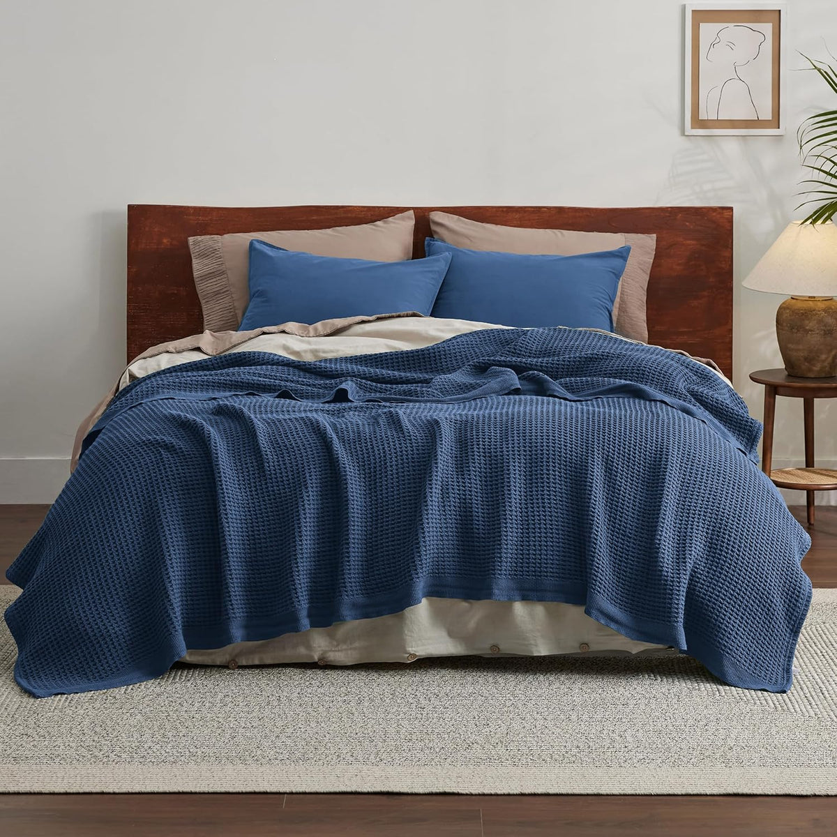 Pure Cotton Thermal Blanket – Queen 90×90 in – Textured Weave Layer for All Seasons – Lightweight & Breathable Throw for Bed or Sofa