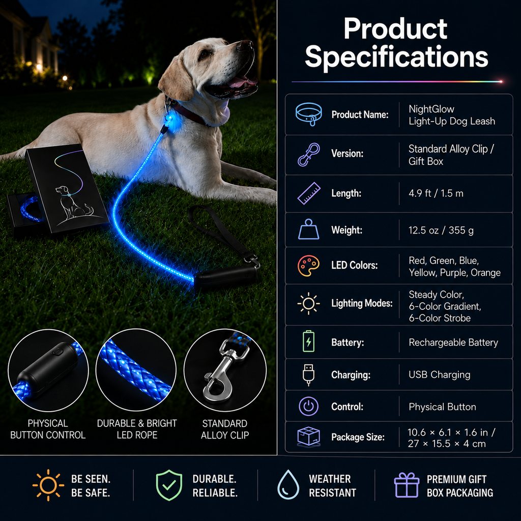 Ortekor NightGlow LED Light-Up Dog Leash for Night Walks - USB Rechargeable Safety Leash That Helps Your Dog Stay Visible in the Dark