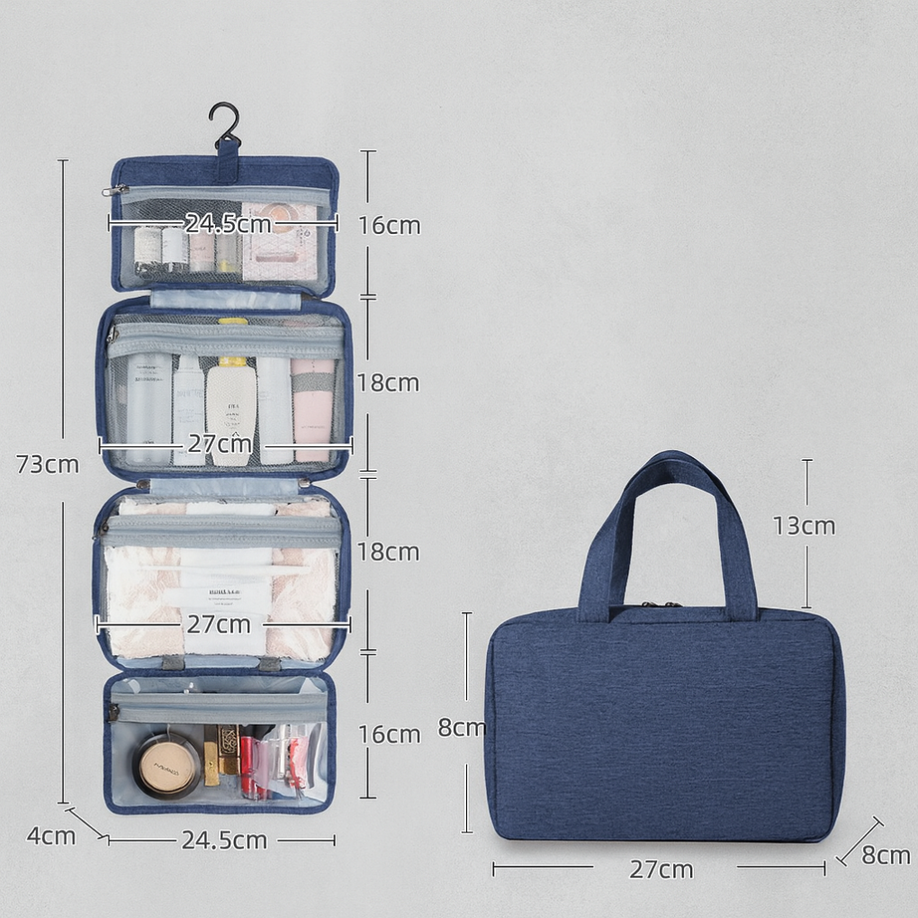 Compact Roll-Up Travel Toiletry Organizer with Hook & Clear Compartments for Bathroom Essentials