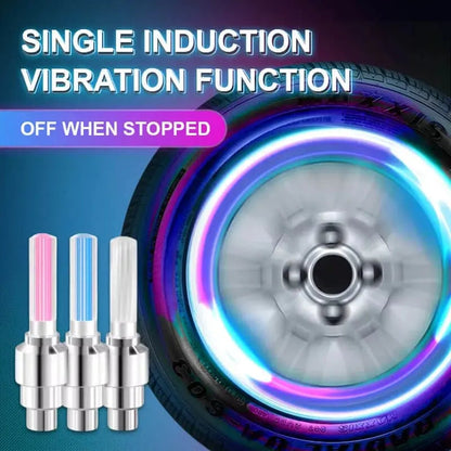 Vibration-Sensing Tire Valve Cap Lights for Bikes & Motorcycles – Auto-On LED Wheel Markers in Red, Blue, Yellow, Green for Nighttime