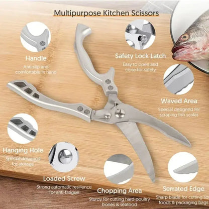 Heavy-Duty Kitchen Shears with Fish Scaler & Safety Lock – Ultra-Sharp Stainless Steel Poultry Scissors for Meat, Chicken, Vegetables &