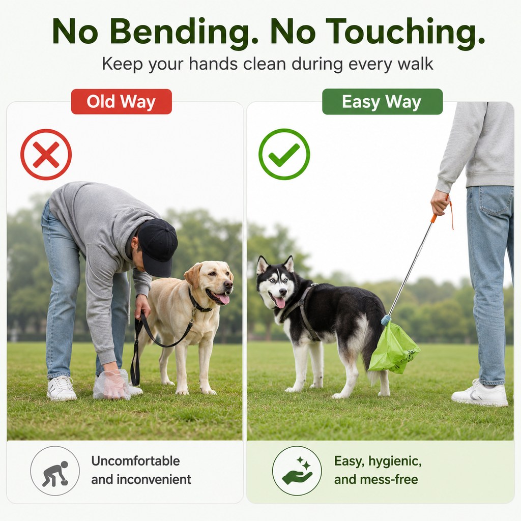 Ortekor Foldable Dog Poop Catcher for Walks - No-Bend Waste Pickup Tool with Telescopic Handle