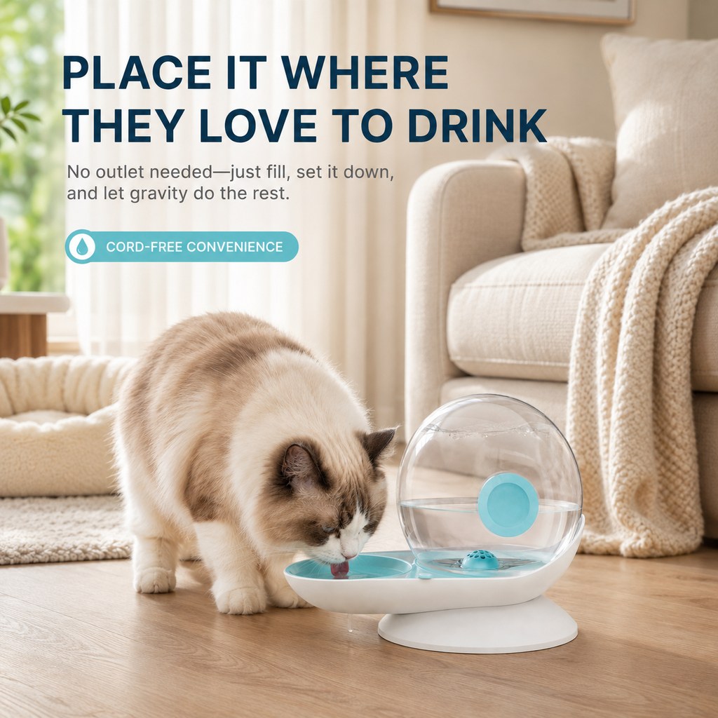 Ortekor 2.8L Gravity Pet Waterer for Cats & Small Dogs – No-Plug Auto Refill for Busy Homes