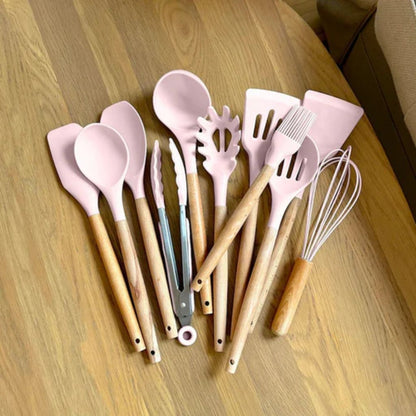 11-Piece Silicone Kitchen Utensil Set with Natural Wood Handles – Heat-Safe to 450°F, Dishwasher Safe, Non-Stick Friendly Tool Kit for
