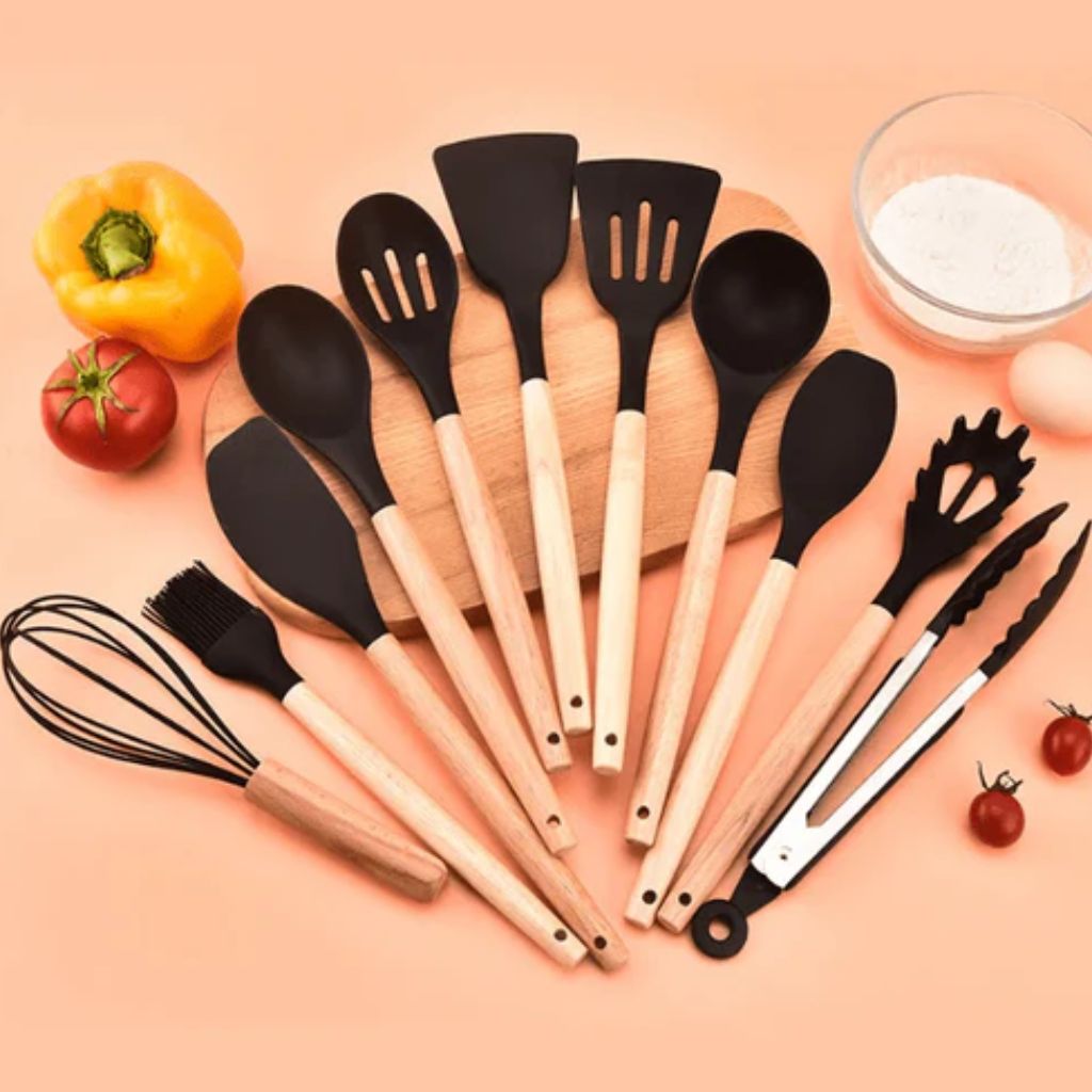 11-Piece Silicone Kitchen Utensil Set with Natural Wood Handles – Heat-Safe to 450°F, Dishwasher Safe, Non-Stick Friendly Tool Kit for