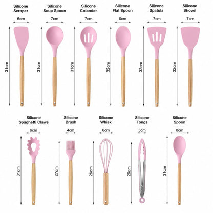 11-Piece Silicone Kitchen Utensil Set with Natural Wood Handles – Heat-Safe to 450°F, Dishwasher Safe, Non-Stick Friendly Tool Kit for