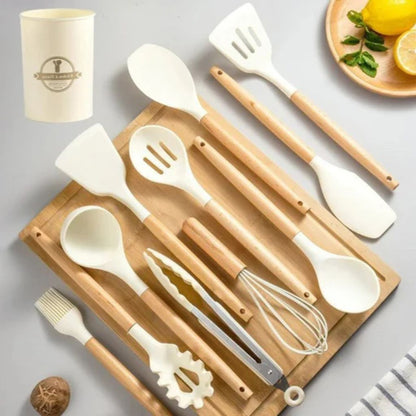 11-Piece Silicone Kitchen Utensil Set with Natural Wood Handles – Heat-Safe to 450°F, Dishwasher Safe, Non-Stick Friendly Tool Kit for