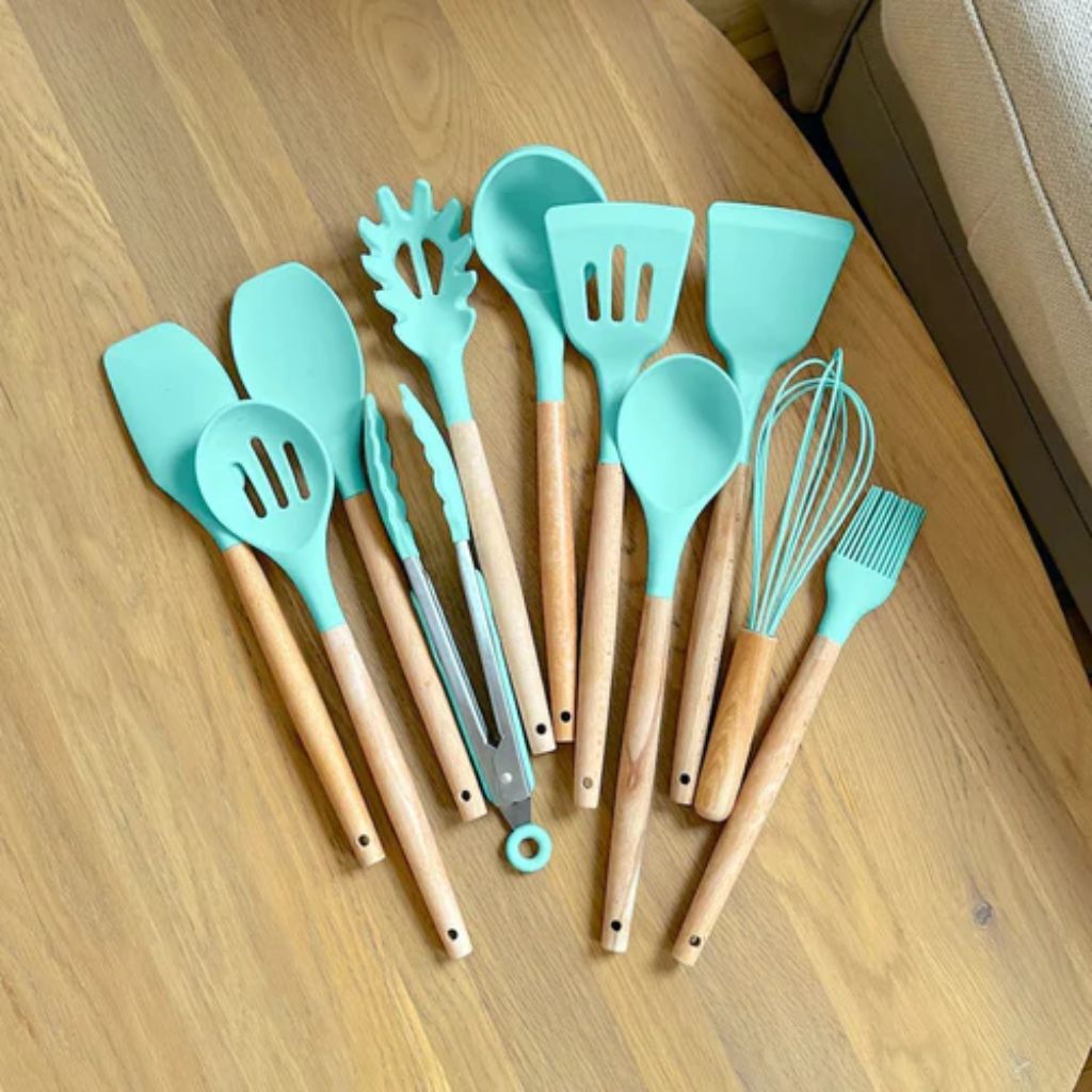 11-Piece Silicone Kitchen Utensil Set with Natural Wood Handles – Heat-Safe to 450°F, Dishwasher Safe, Non-Stick Friendly Tool Kit for