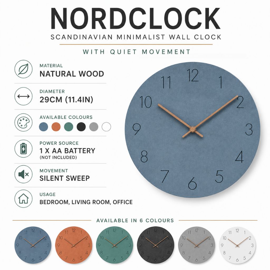Silent Wall Clock 11.4 in Round Wood Frame Modern Home Décor for Bedroom Living Room Office Minimalist Timepiece
