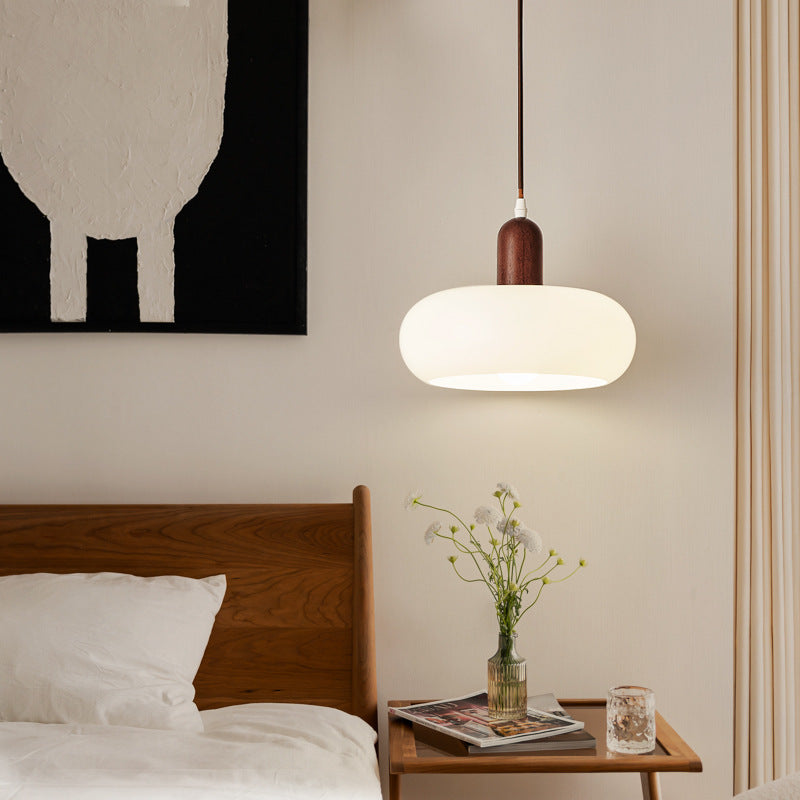 Pendant Light Ceiling Fixture with Cream Shade and Wood Accent for Dining Room, Kitchen Island, Bar Area & Living Space
