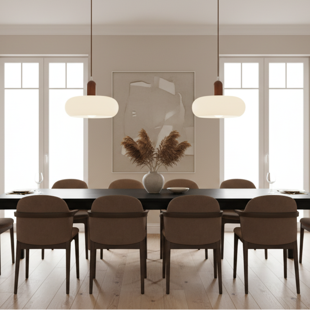 Pendant Light Ceiling Fixture with Cream Shade and Wood Accent for Dining Room, Kitchen Island, Bar Area & Living Space