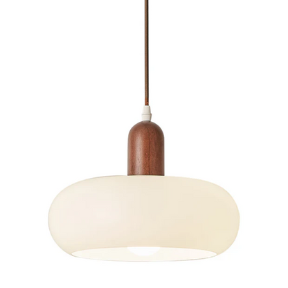 Pendant Light Ceiling Fixture with Cream Shade and Wood Accent for Dining Room, Kitchen Island, Bar Area & Living Space