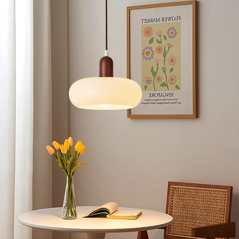 Pendant Light Ceiling Fixture with Cream Shade and Wood Accent for Dining Room, Kitchen Island, Bar Area & Living Space