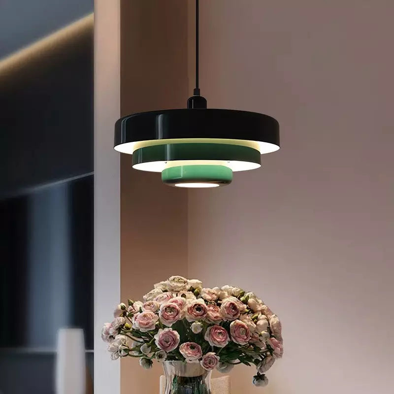 Layered Metal Ceiling Fixture 14-Inch Diameter Adjustable Cord Iron Shade for Kitchen Island Dining Table Home Office Retro Geometric Overhe