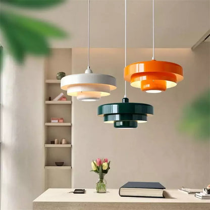 Layered Metal Ceiling Fixture 14-Inch Diameter Adjustable Cord Iron Shade for Kitchen Island Dining Table Home Office Retro Geometric Overhe