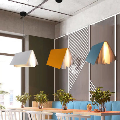 Book-Shaped Ceiling Pendant Light, LED Compatible Hanging Fixture for Kitchen Island, Dining Room and Bedroom, Plastic Shade with Round