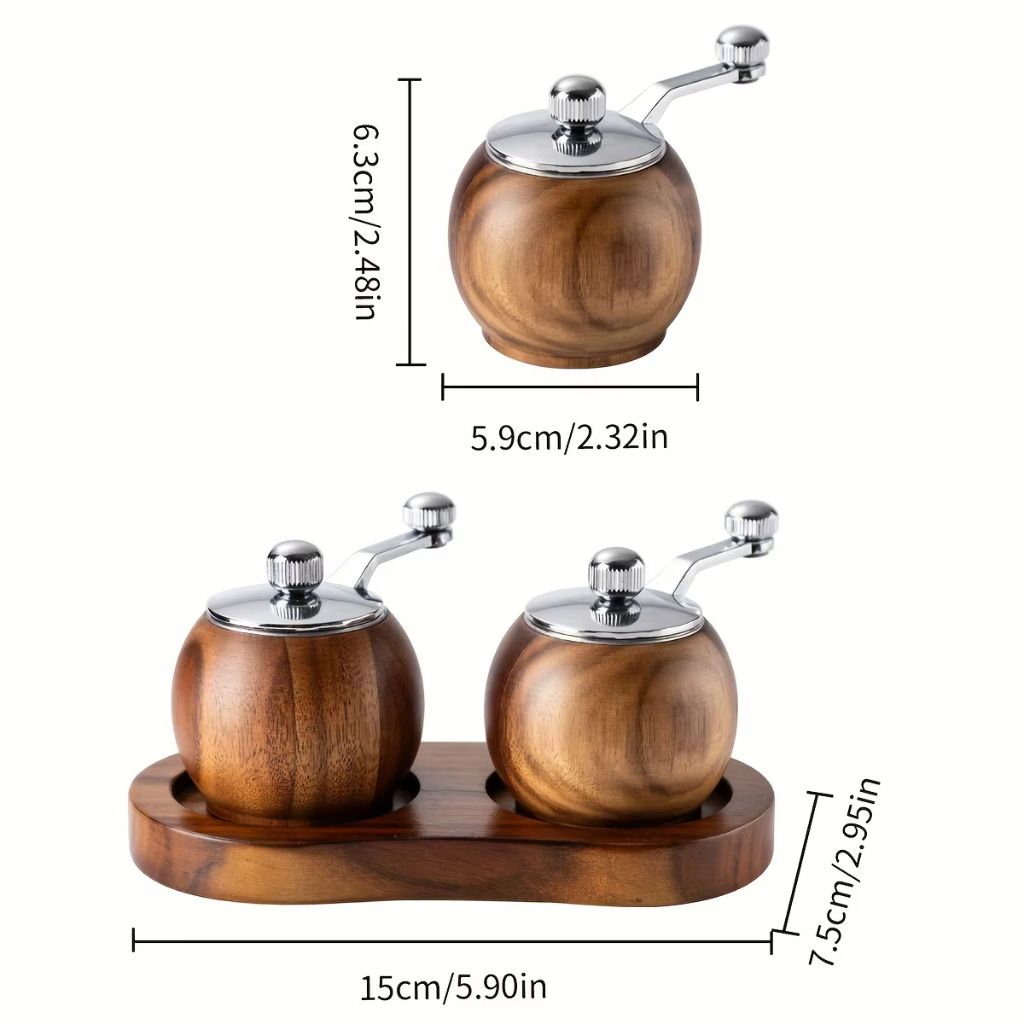 Wood Salt & Pepper Grinder Set with Stand Hand-Crank Mills for Kitchen Table Dining Countertop Seasoning Display
