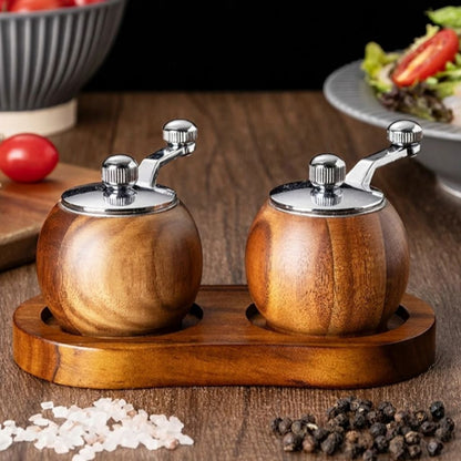 Wood Salt & Pepper Grinder Set with Stand Hand-Crank Mills for Kitchen Table Dining Countertop Seasoning Display