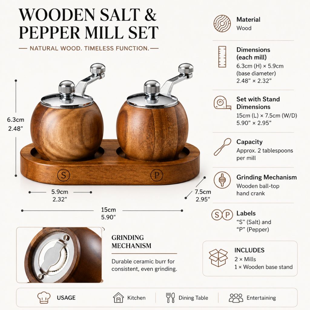 Wood Salt & Pepper Grinder Set with Stand Hand-Crank Mills for Kitchen Table Dining Countertop Seasoning Display
