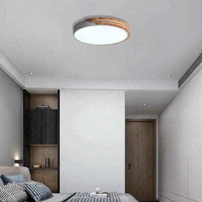 Circular Wood Ceiling Light Flush Mount 16 Inch | Low Profile Modern LED Fixture for Bedroom Living Room Dining Room | Slim 2 Inch Depth