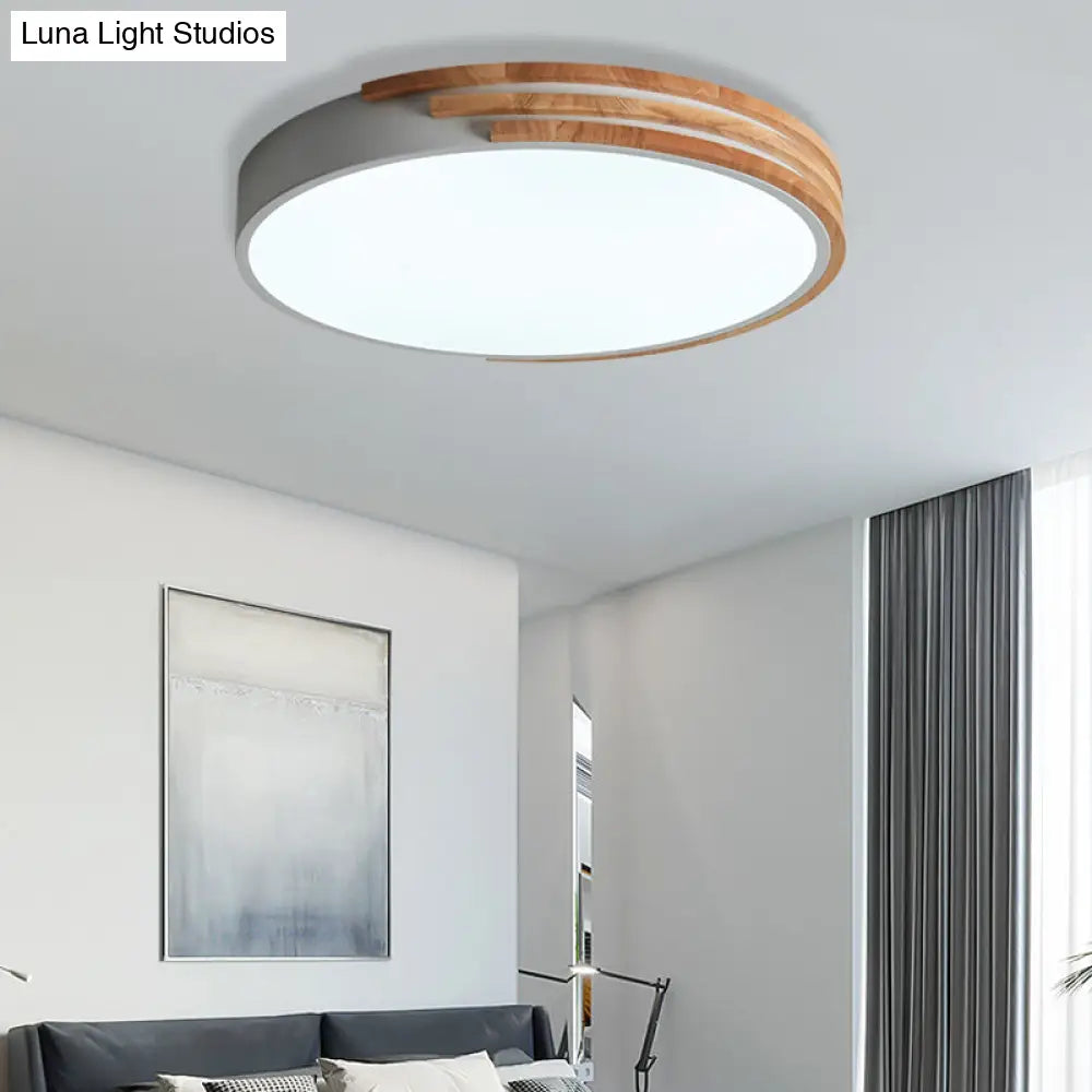 Circular Wood Ceiling Light Flush Mount 16 Inch | Low Profile Modern LED Fixture for Bedroom Living Room Dining Room | Slim 2 Inch Depth