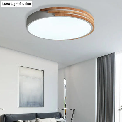 Circular Wood Ceiling Light Flush Mount 16 Inch | Low Profile Modern LED Fixture for Bedroom Living Room Dining Room | Slim 2 Inch Depth
