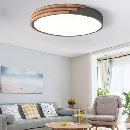 Circular Wood Ceiling Light Flush Mount 16 Inch | Low Profile Modern LED Fixture for Bedroom Living Room Dining Room | Slim 2 Inch Depth